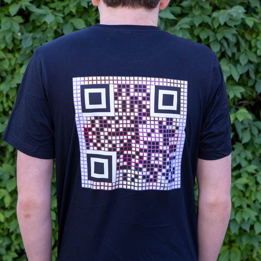 Back view of the Rick Roll QR Shirt showcasing the QR code design