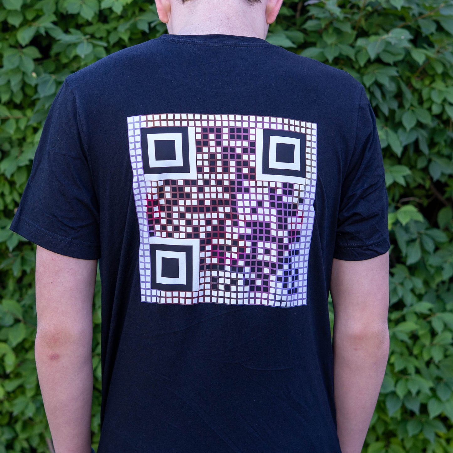 Close-up of the QR code on the Rick Roll Shirt