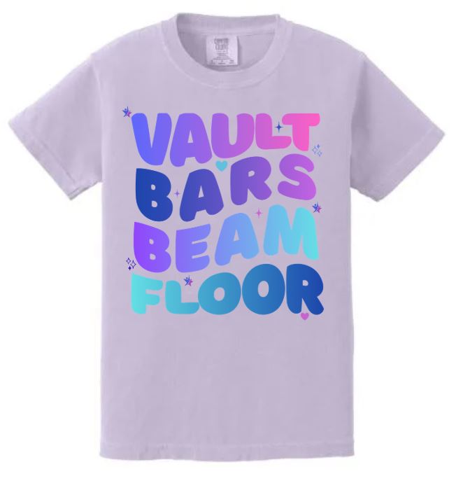 Vault, Bars, Beam, Floor on Front Tee Shirt